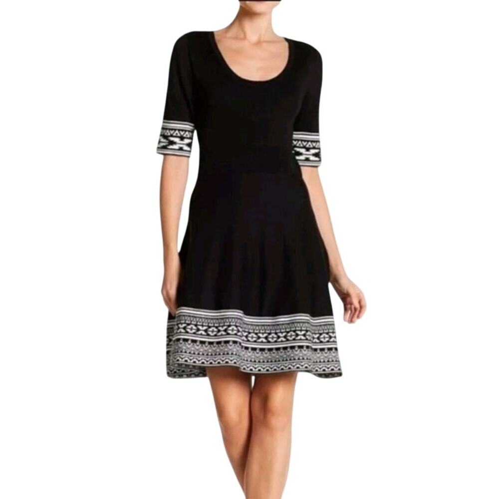 Nina Leonard Sweater Dress Women M Black Ivory Geometric Fit Flare Scoop Neck